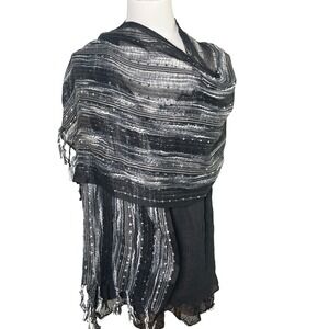 Textured Black Silver Metallic Scarf Wrap Fringe Sheer Woven Boho Shawl